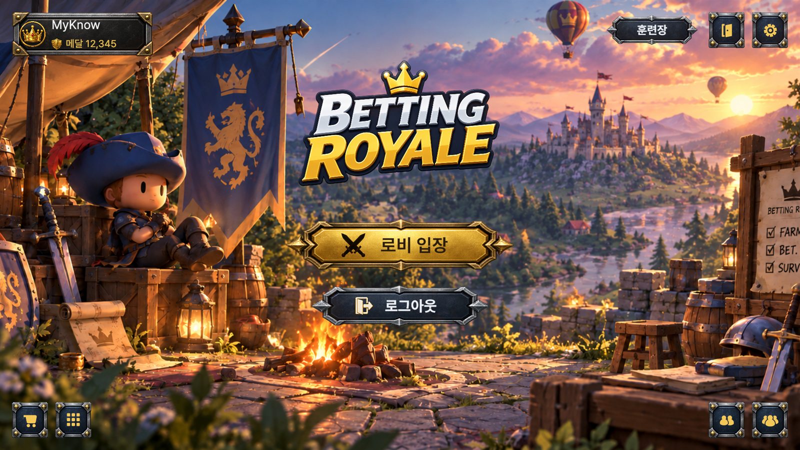 타이틀 화면. 모닥불 앞 캐릭터 뒤로 성과 노을이 보이고 가운데에 BettingRoyale 로고와 로비 입장 버튼이 있다.