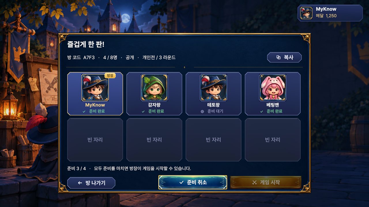 대기방 화면. 플레이어 자리에 들어온 사람들이 준비 상태를 표시하고 있다.